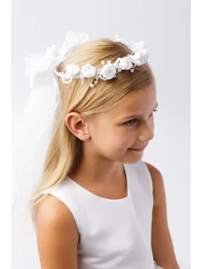 Girls White Sparkle Floral Ribbon Back Crown Communion Flower Girl Veil