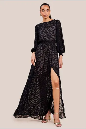 Goddiva Chiffon Geo-Wave Front Split Maxi Dress - Black