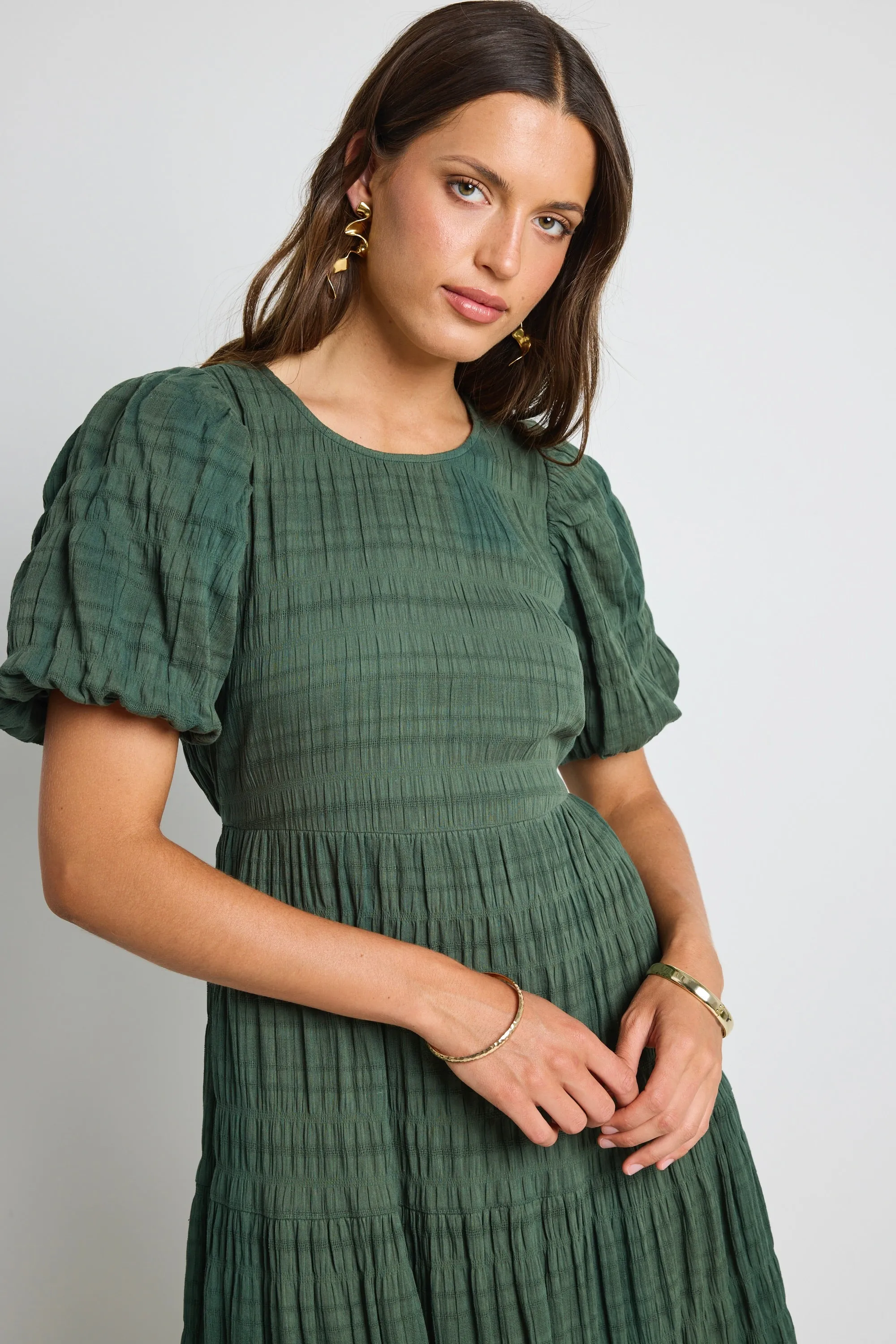 Graceful Forest Bubble Sleeve Tiered Maxi Dress