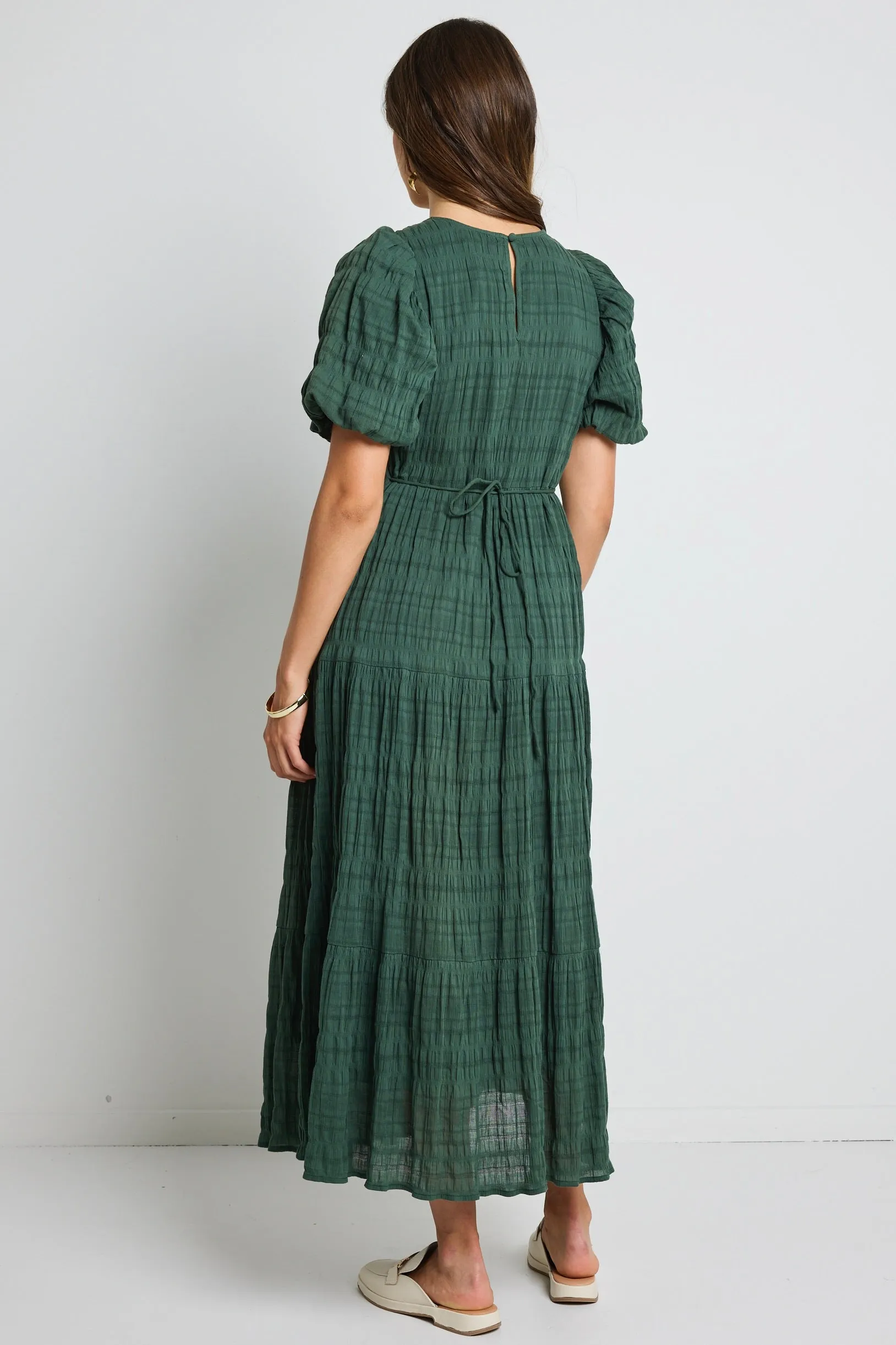 Graceful Forest Bubble Sleeve Tiered Maxi Dress