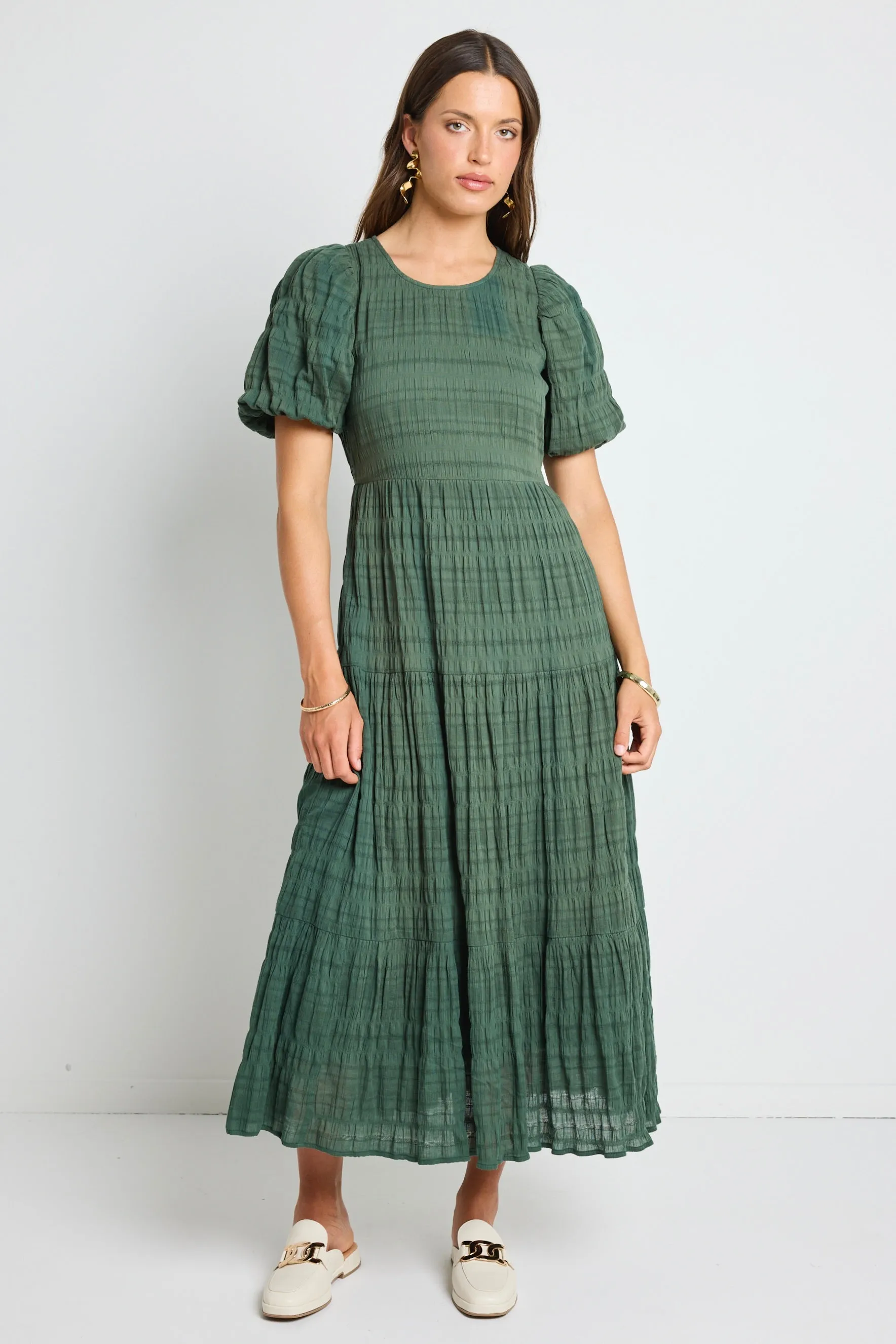 Graceful Forest Bubble Sleeve Tiered Maxi Dress