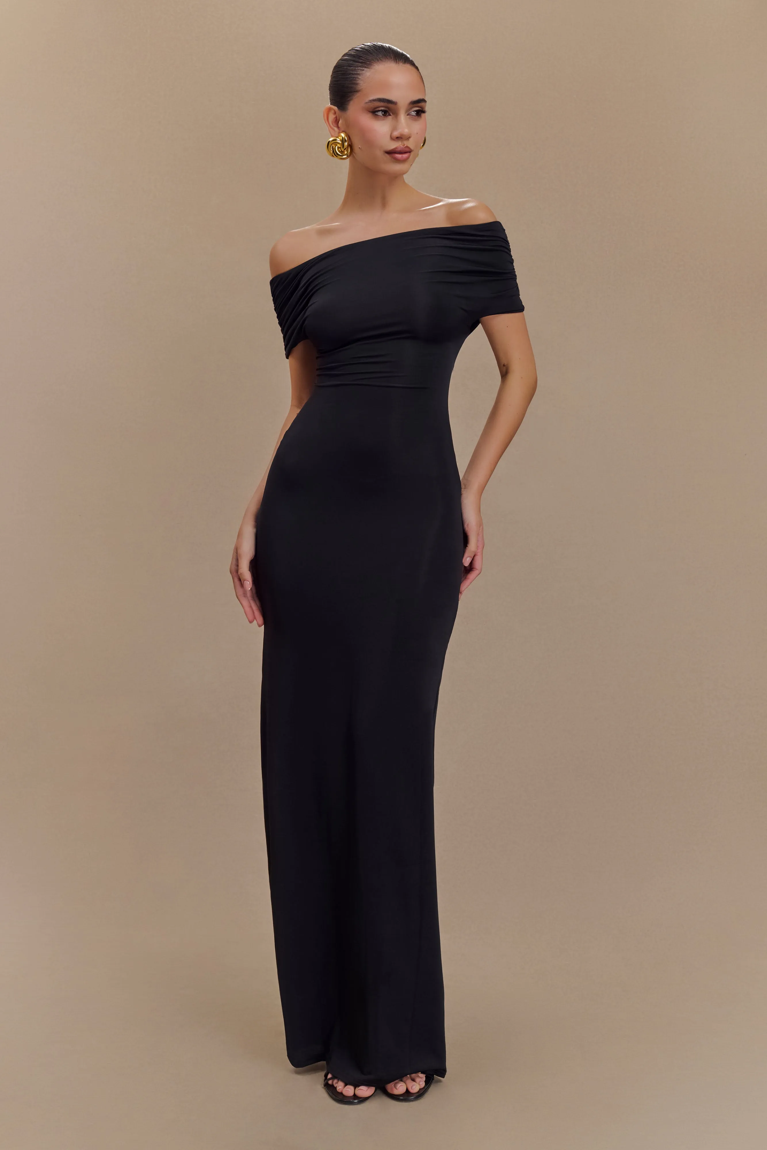 Imogen Off Shoulder Slinky Maxi Dress - Black