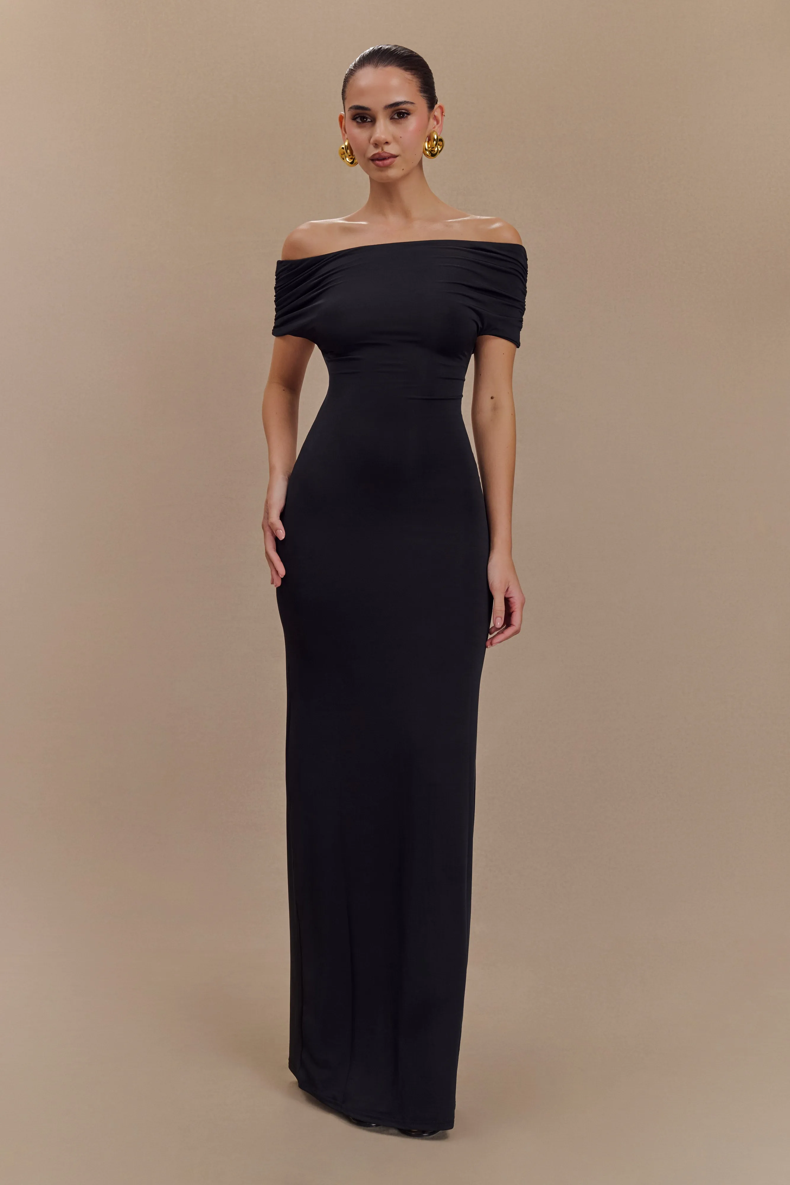 Imogen Off Shoulder Slinky Maxi Dress - Black