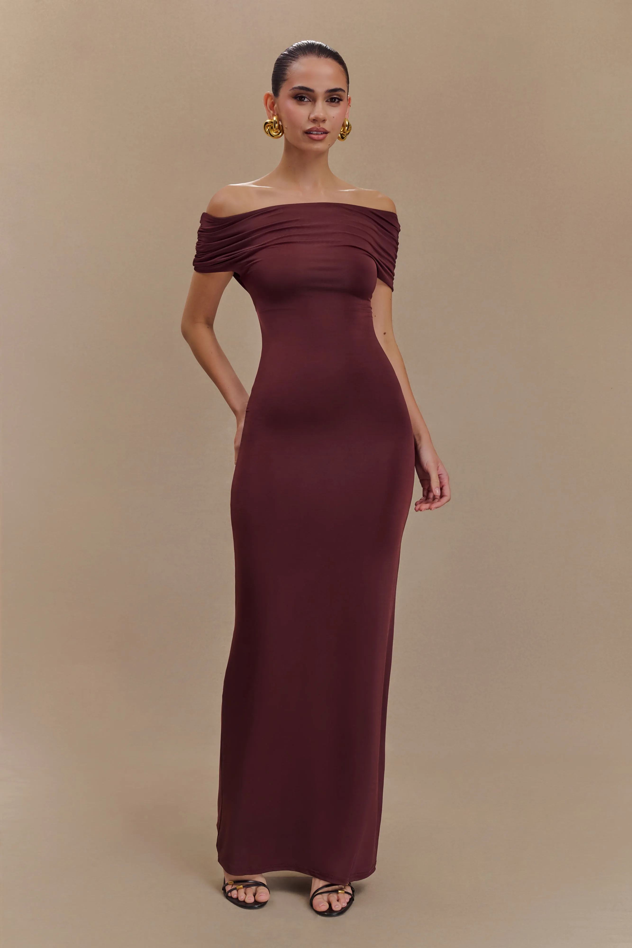 Imogen Off Shoulder Slinky Maxi Dress - Mahogany