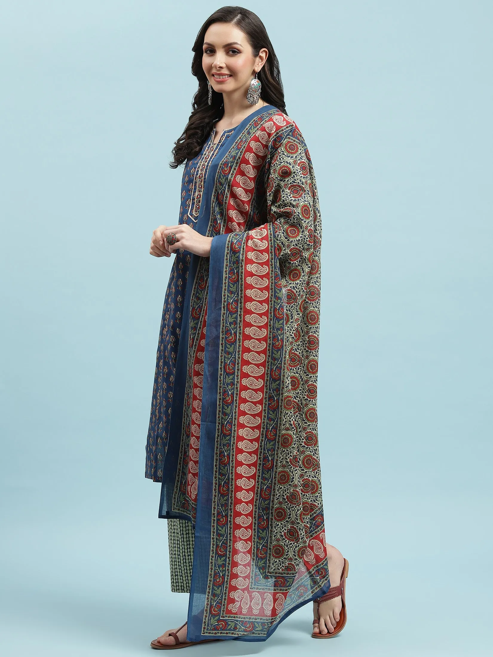 Indiessence Blue Floral Printed Kurta Comfort Pant Dupatta