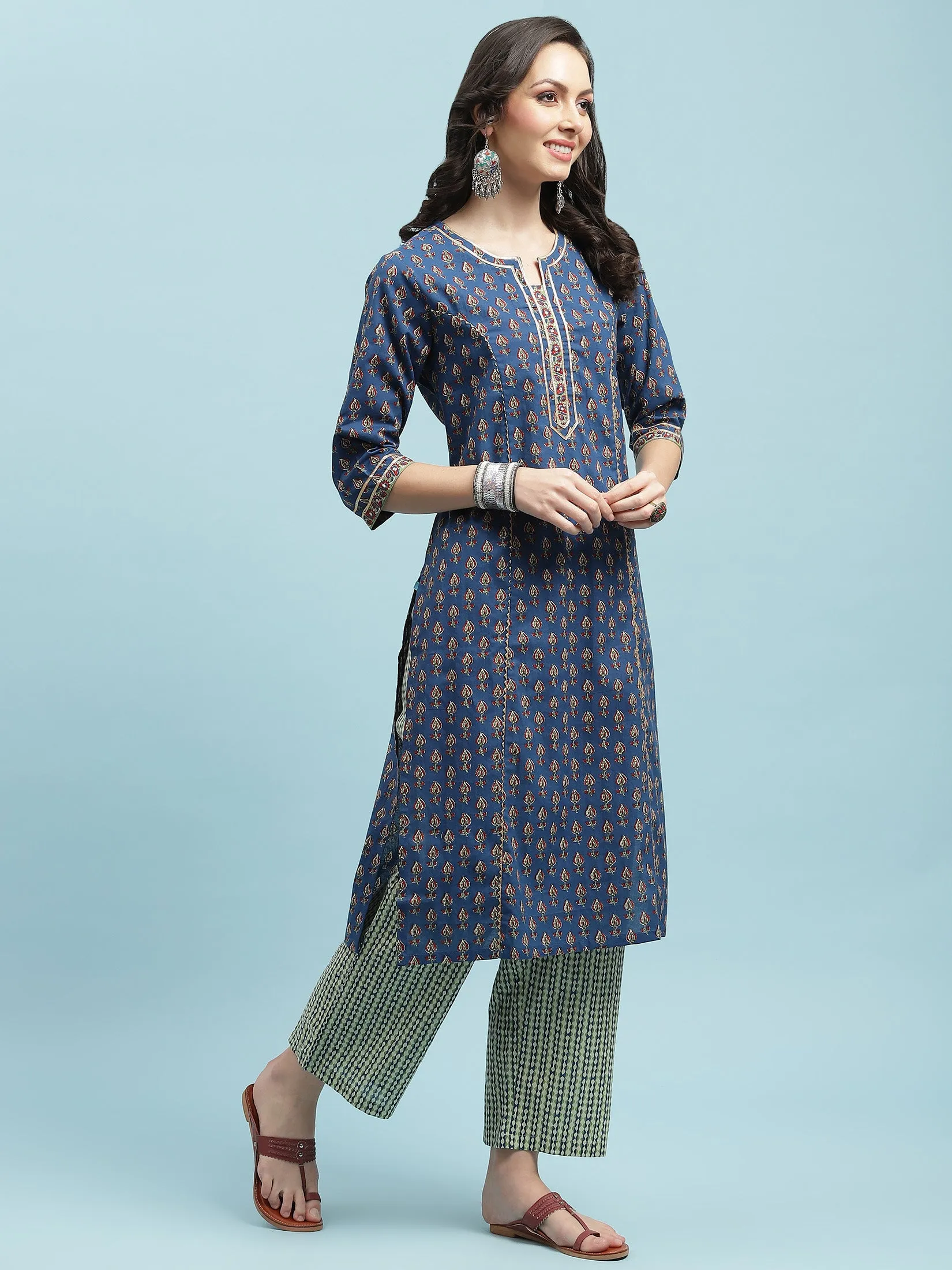 Indiessence Blue Floral Printed Kurta Comfort Pant Dupatta