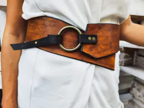 ISHAOR Exclusive Brown Leather Waist Belt with Bronze Ring Closure - Handcrafted for a Unique Look