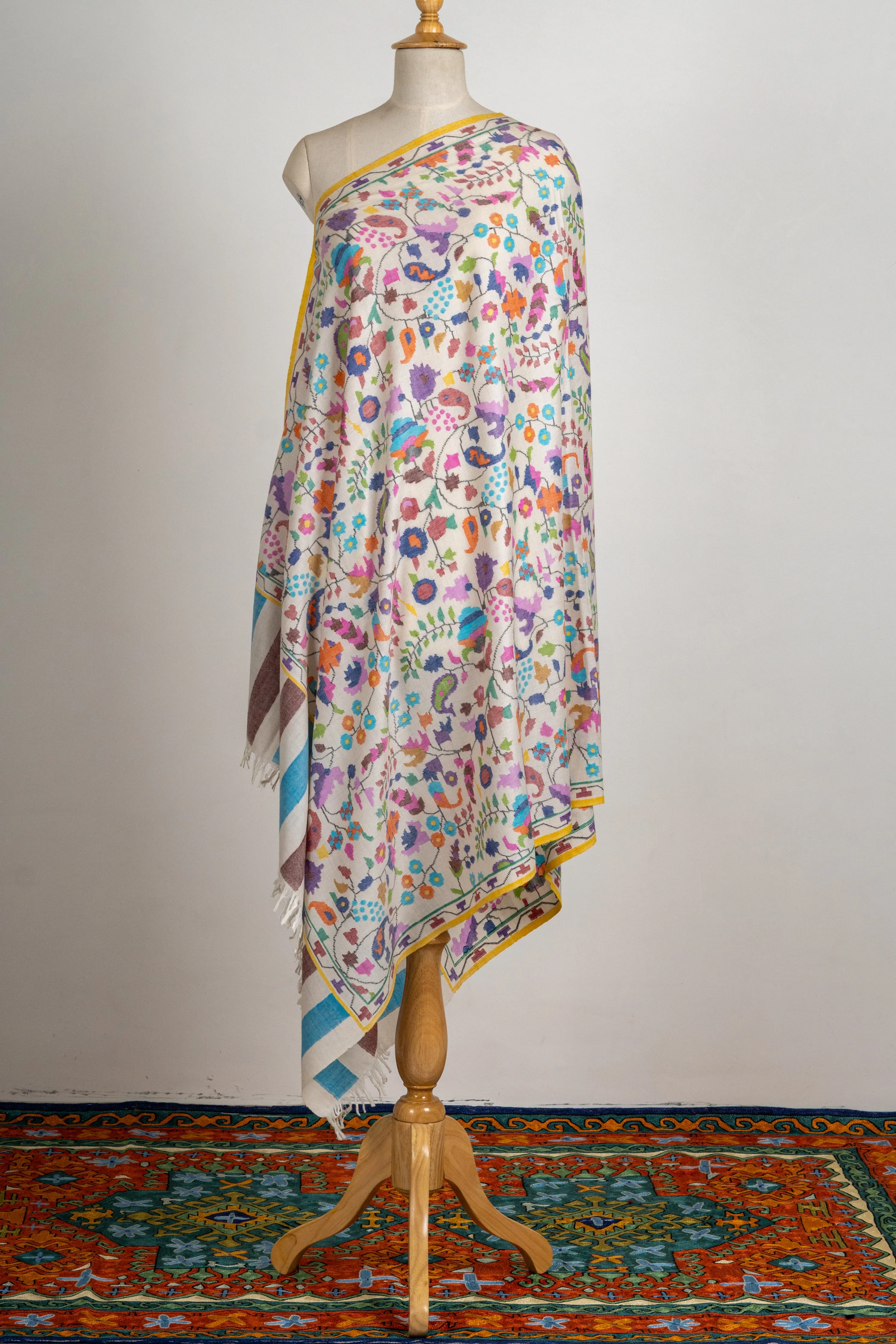 Ivory Bloom Pure Pashmina with Multicolor Kani Weave