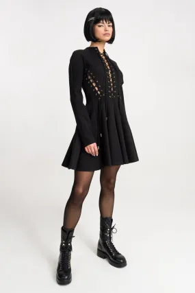 ‘Kendall’ Lace-Up Ruffled Black Stretch-Jersey Mini Dress