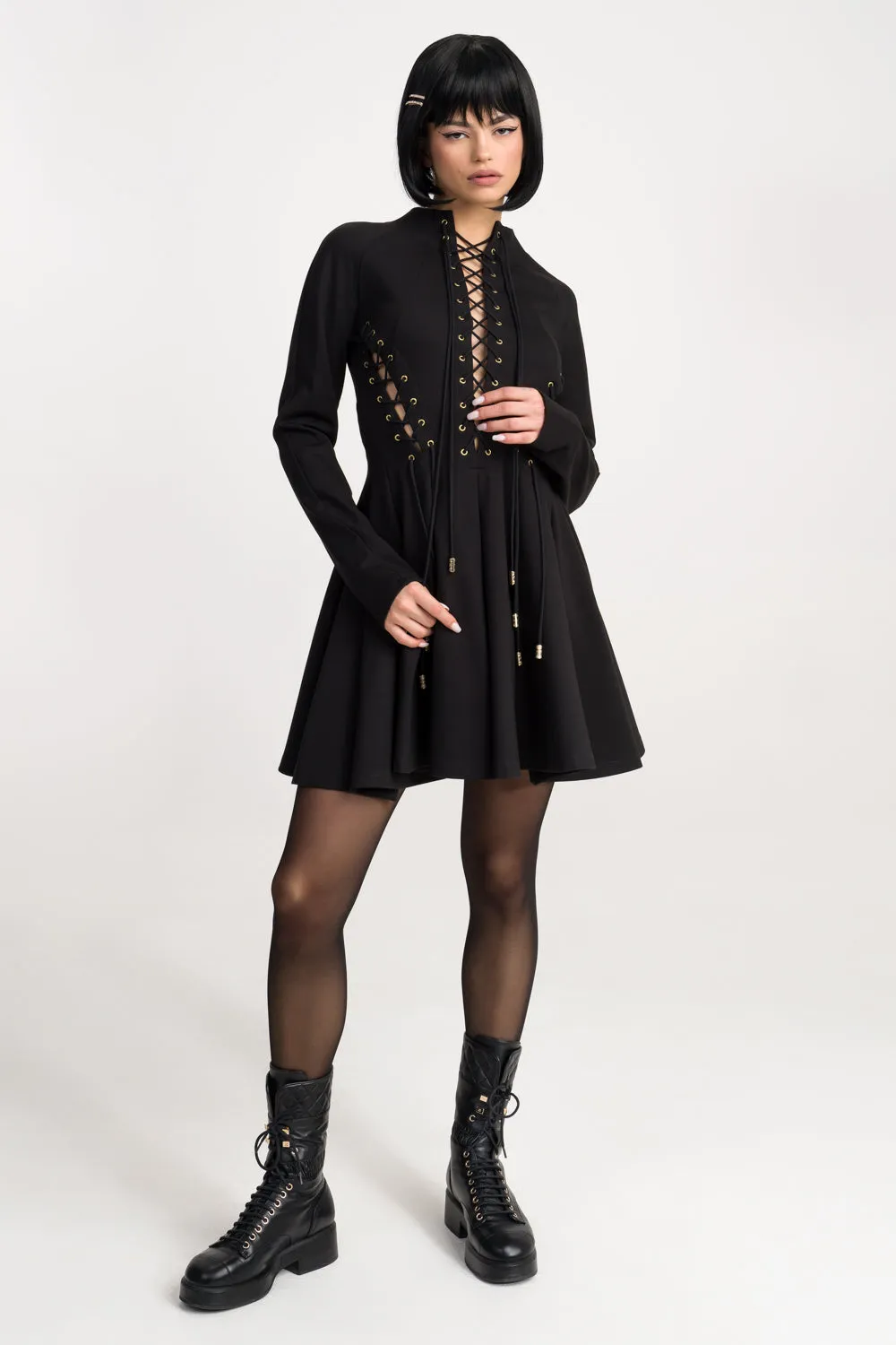 ‘Kendall’ Lace-Up Ruffled Black Stretch-Jersey Mini Dress