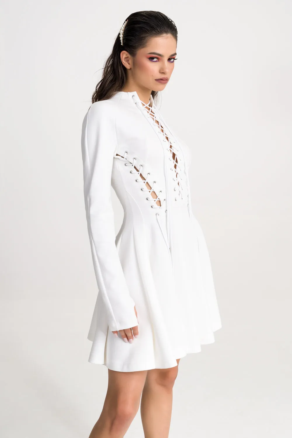 ‘Kendall’ Lace-Up Ruffled White Stretch-Jersey Mini Dress