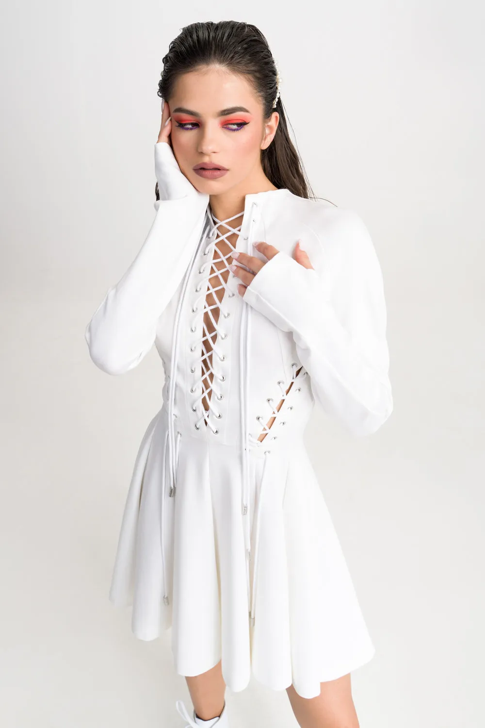 ‘Kendall’ Lace-Up Ruffled White Stretch-Jersey Mini Dress