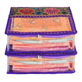 Kuber Industries Saree Cover | Clothes Storage Bag | Storage Organizer Bag | Zip Closure Saree Cover | Wardrobe Organizer | Carry Half Lace Transparent Saree Cover | 6 Inch | Pack of 2 | Royal Blue