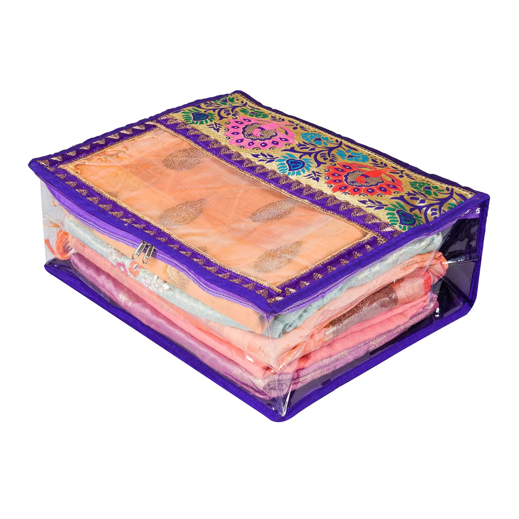 Kuber Industries Saree Cover | Clothes Storage Bag | Storage Organizer Bag | Zip Closure Saree Cover | Wardrobe Organizer | Carry Half Lace Transparent Saree Cover | 6 Inch | Pack of 2 | Royal Blue