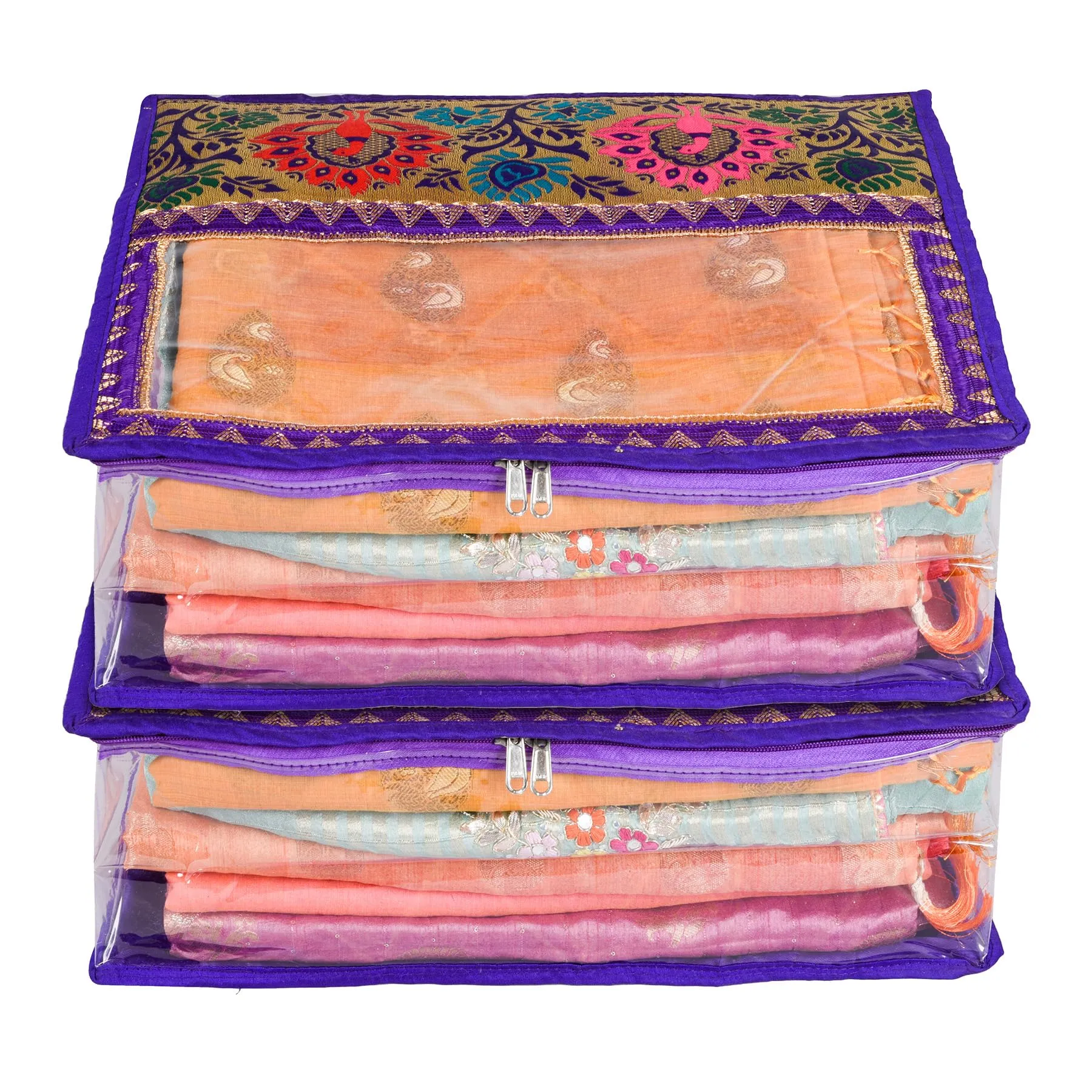 Kuber Industries Saree Cover | Clothes Storage Bag | Storage Organizer Bag | Zip Closure Saree Cover | Wardrobe Organizer | Carry Half Lace Transparent Saree Cover | 6 Inch | Pack of 2 | Royal Blue