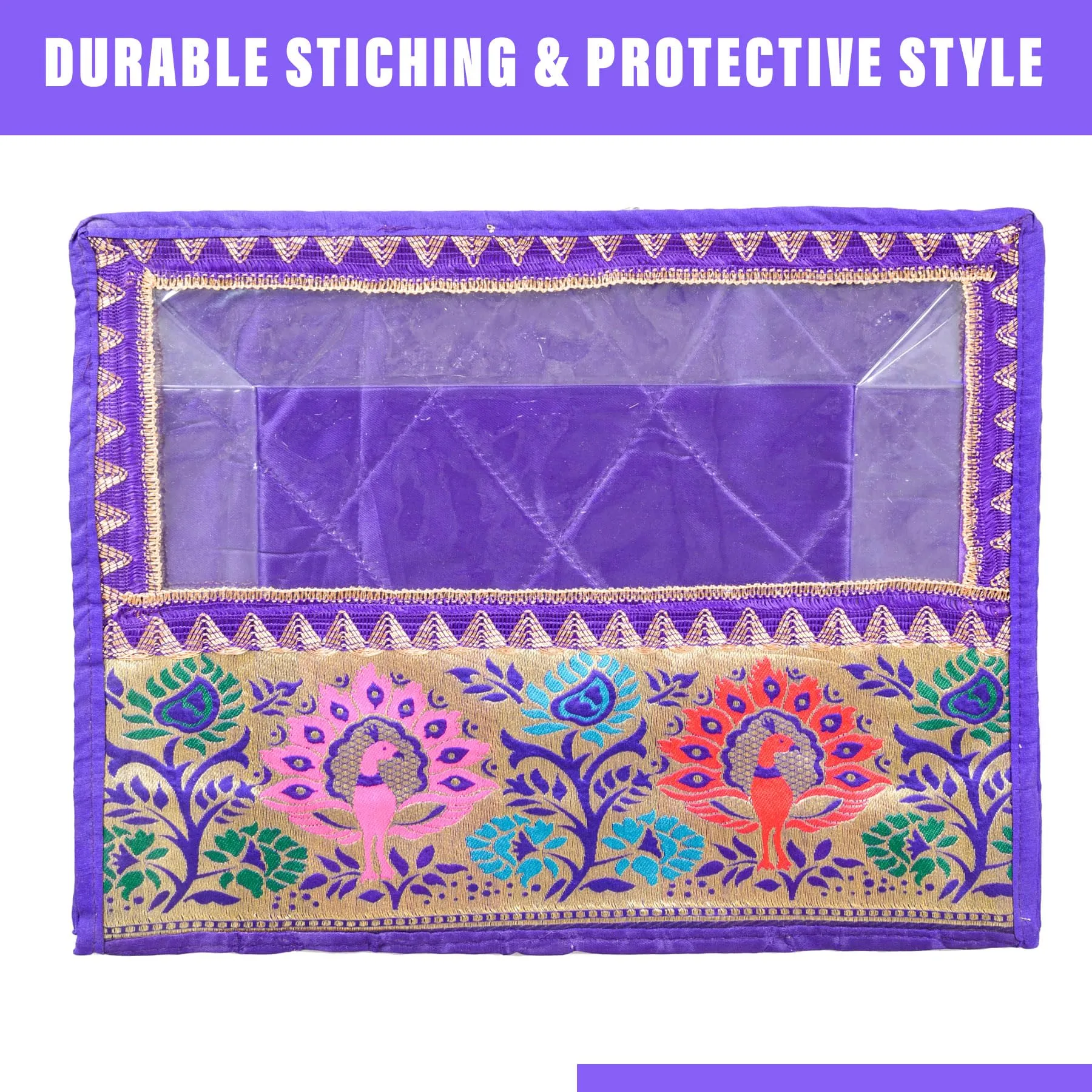 Kuber Industries Saree Cover | Clothes Storage Bag | Storage Organizer Bag | Zip Closure Saree Cover | Wardrobe Organizer | Carry Half Lace Transparent Saree Cover | 6 Inch | Pack of 2 | Royal Blue