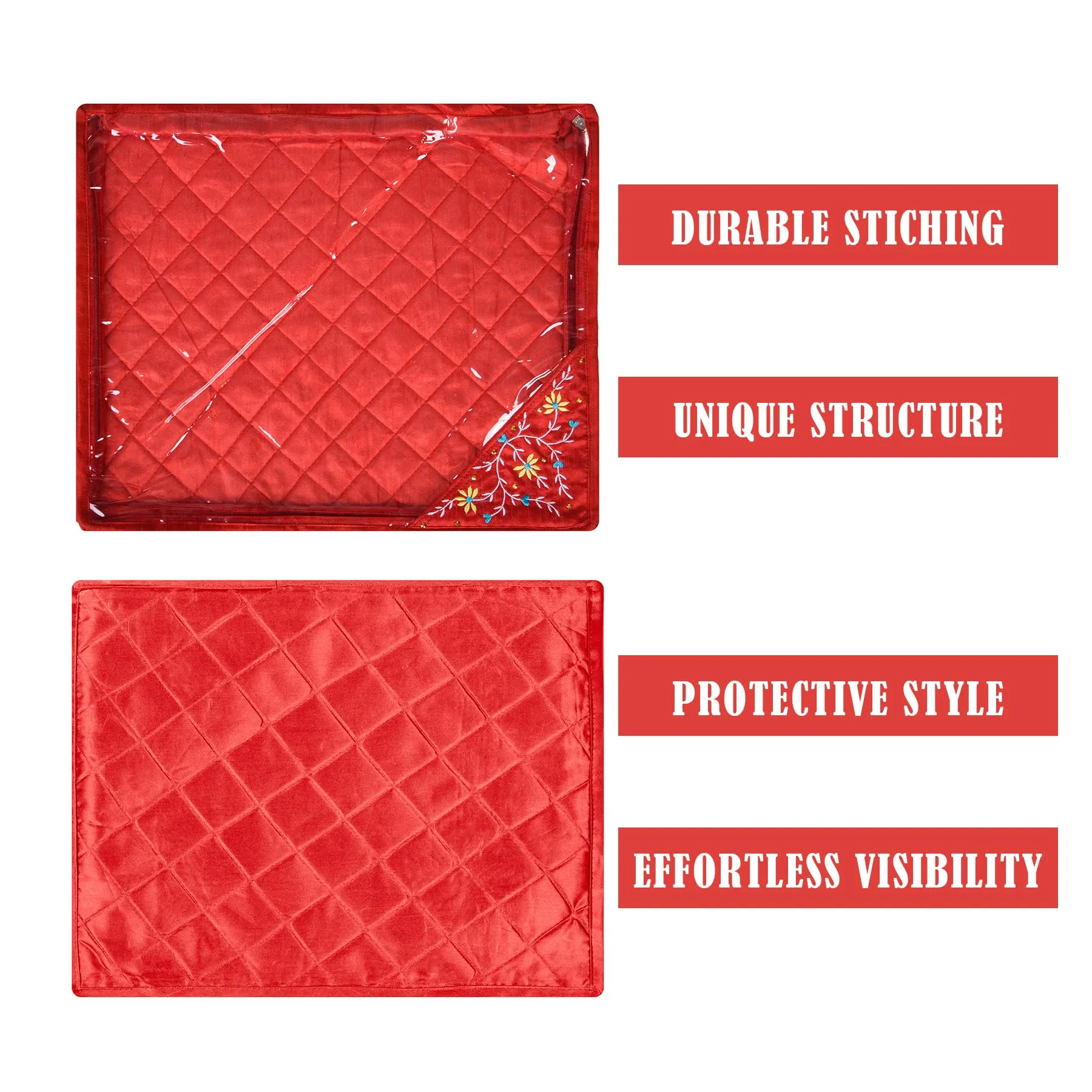 Kuber Industries Saree Cover | Clothes Storage Bag | Suit Packing Cover | Cloth Stoarge Organizer | Wardrobe Cloth Storage Organiser with Zip | Side Embroidery-Design | 3 Inch | Pack of 9 | Red