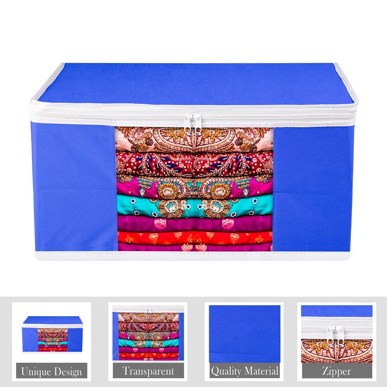 Kuber Industries Saree Cover | Zip Closure Saree Cover | Clothes Storage Bag | Wardrobe Organiser for Suit | Transparent Window Saree Cover | Plain-White Border | 9 inch | Pack of 12 | Blue