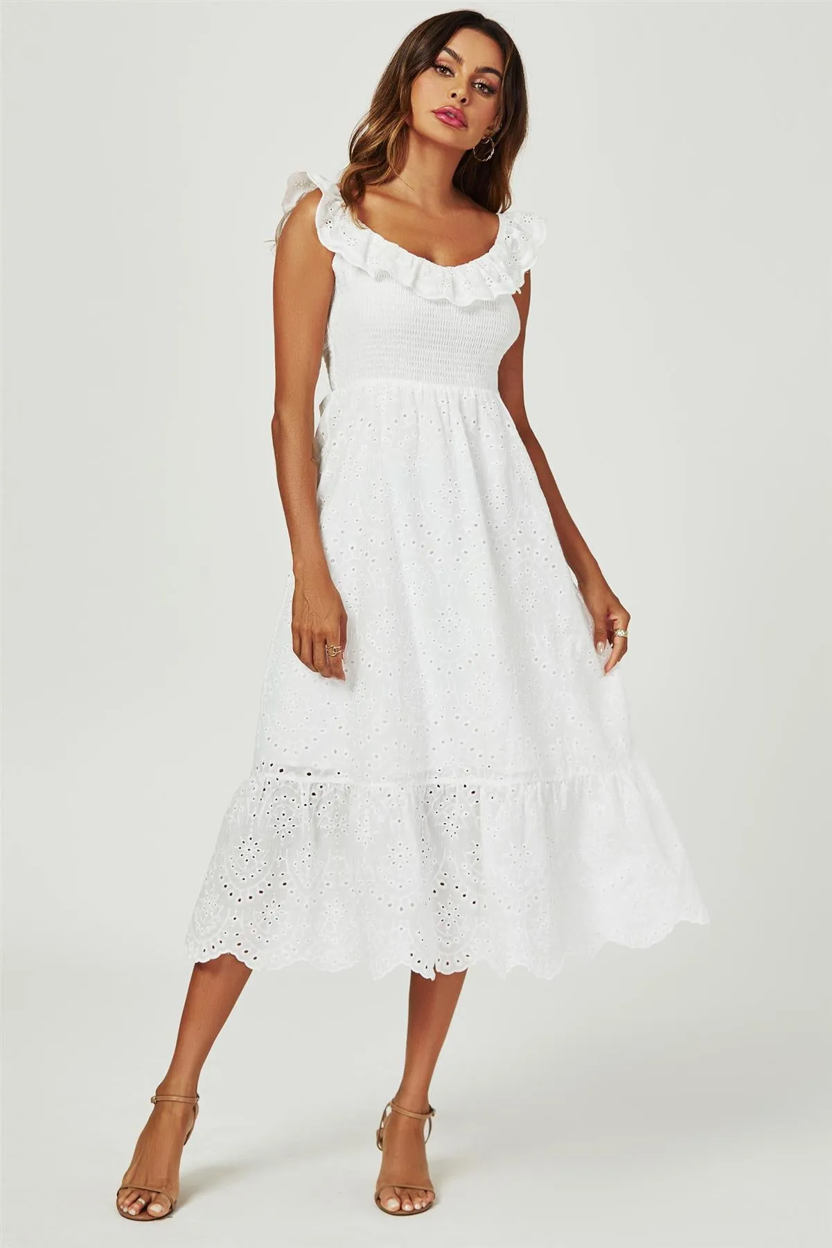 Lace Embroidery Bardot Maxi Dress In White