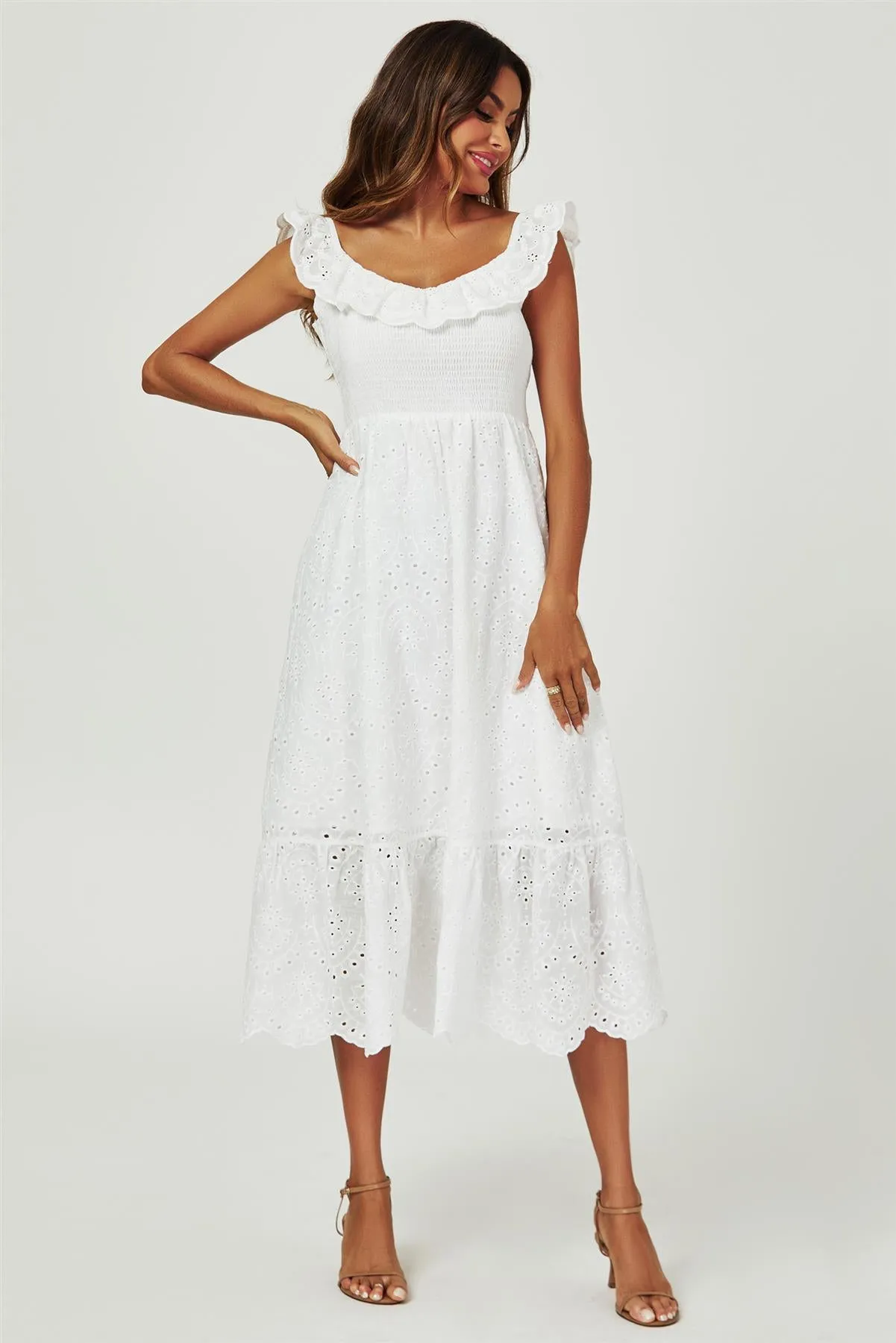 Lace Embroidery Bardot Maxi Dress In White