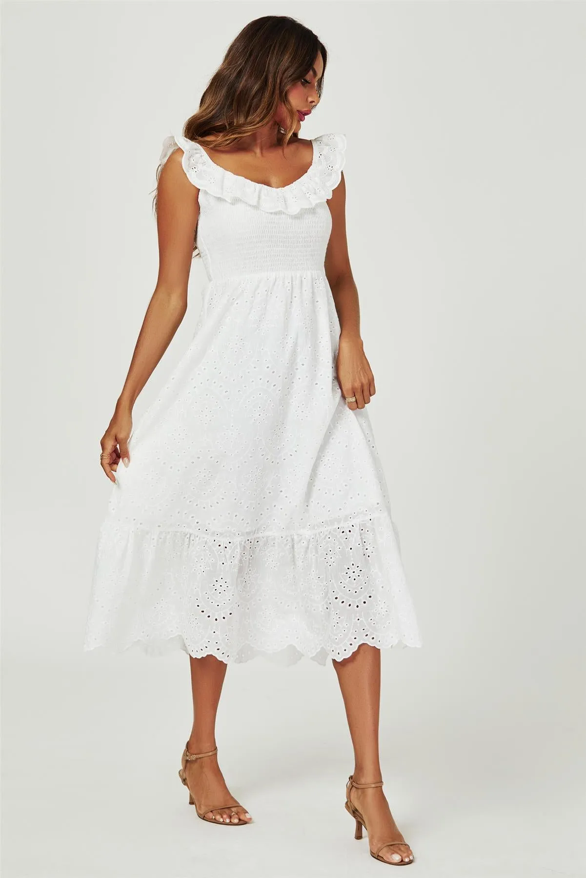 Lace Embroidery Bardot Maxi Dress In White