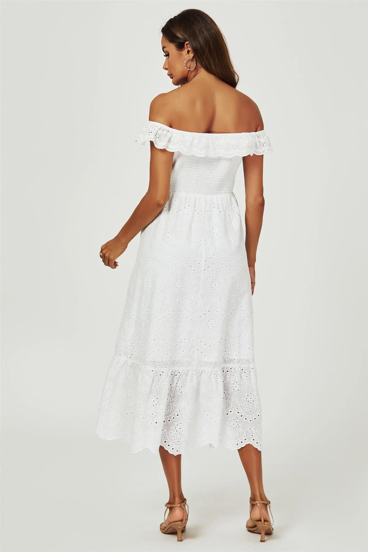 Lace Embroidery Bardot Maxi Dress In White