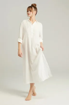 Ladies White Organic CottonSide Slit Embroidery Mother Of Pearl Buttons Adjustable Sleeve Tabs 100% OEKO-TEX Certified Cotton Long Sleeves Sleepwear Maxi Shirt