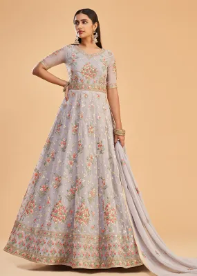 Light Lavender Multi Thread Embroidered Georgette Anarkali Gown