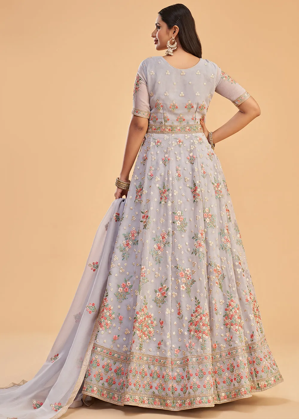 Light Lavender Multi Thread Embroidered Georgette Anarkali Gown