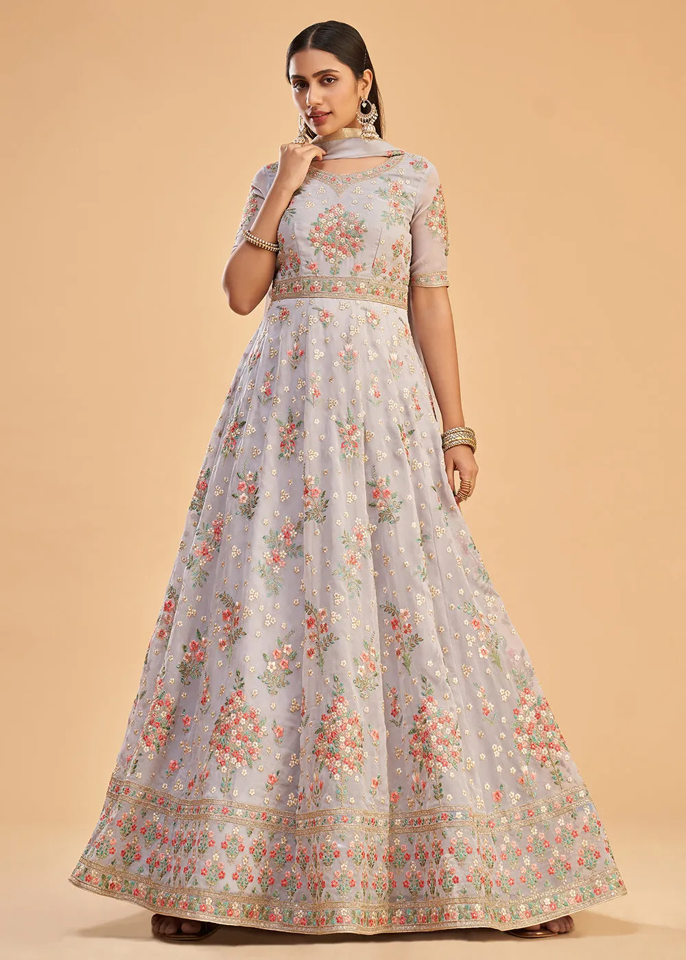 Light Lavender Multi Thread Embroidered Georgette Anarkali Gown