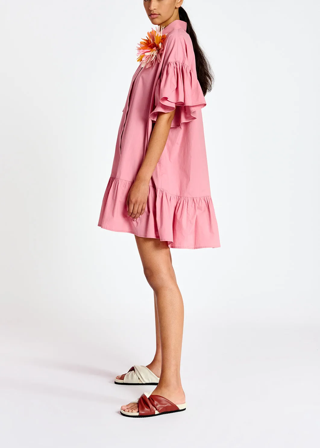 Light pink ruffle-detailed cotton a-line mini dress