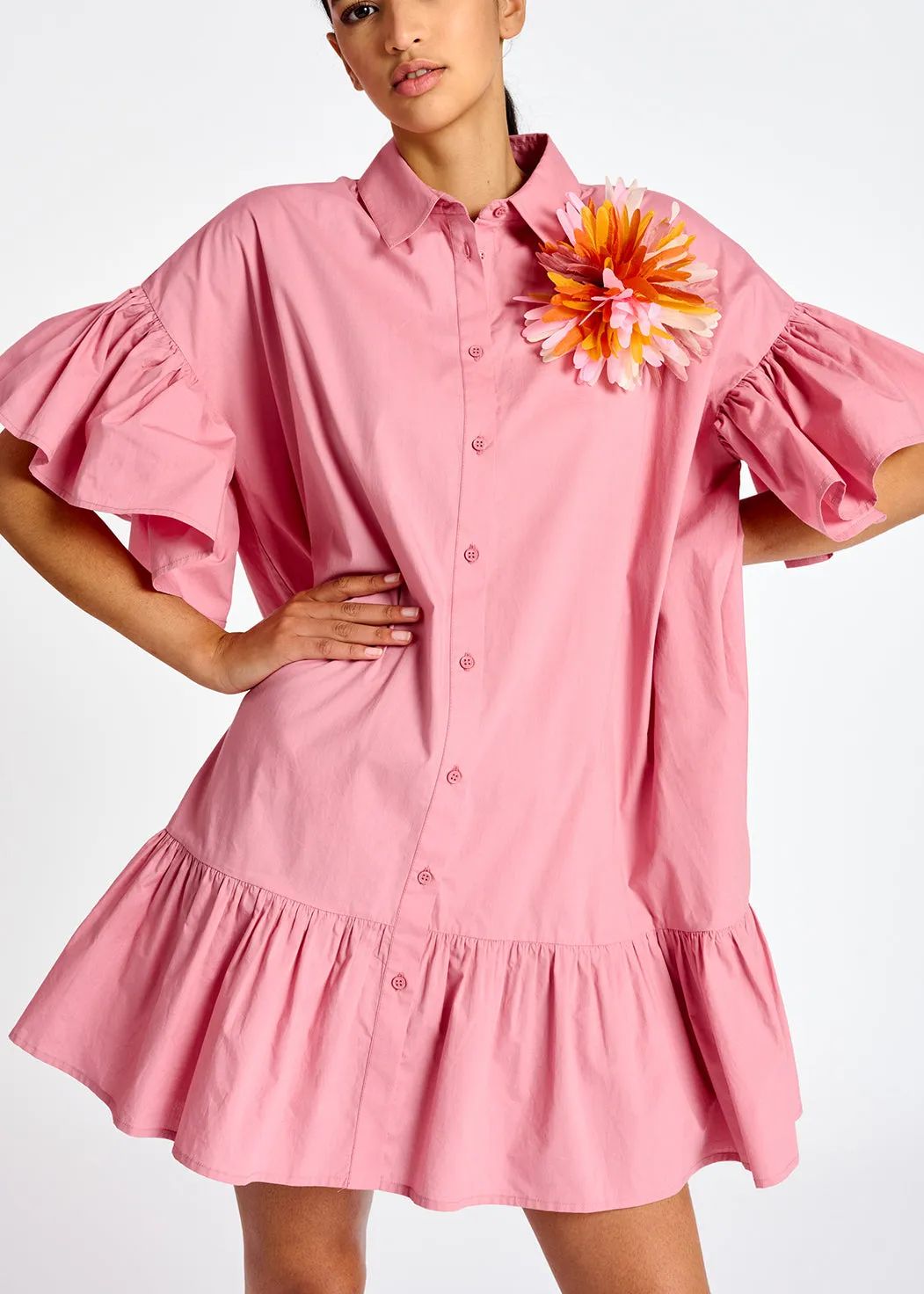 Light pink ruffle-detailed cotton a-line mini dress