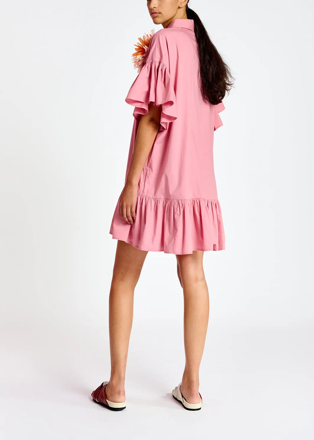 Light pink ruffle-detailed cotton a-line mini dress