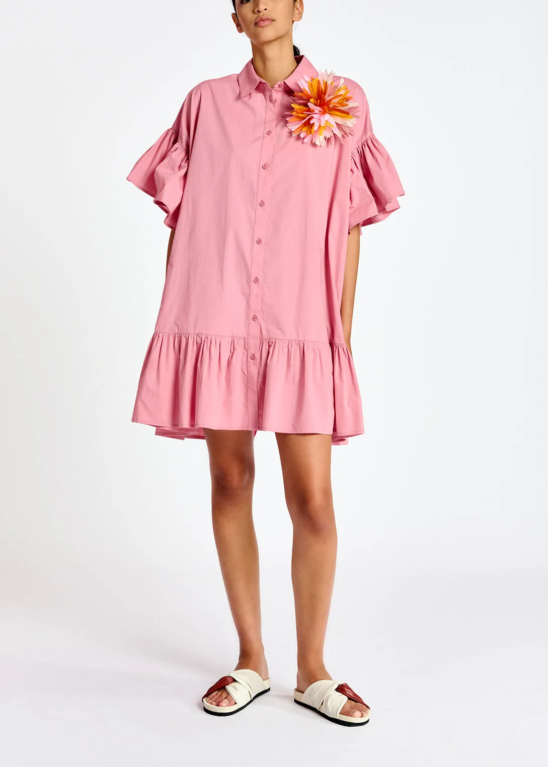 Light pink ruffle-detailed cotton a-line mini dress