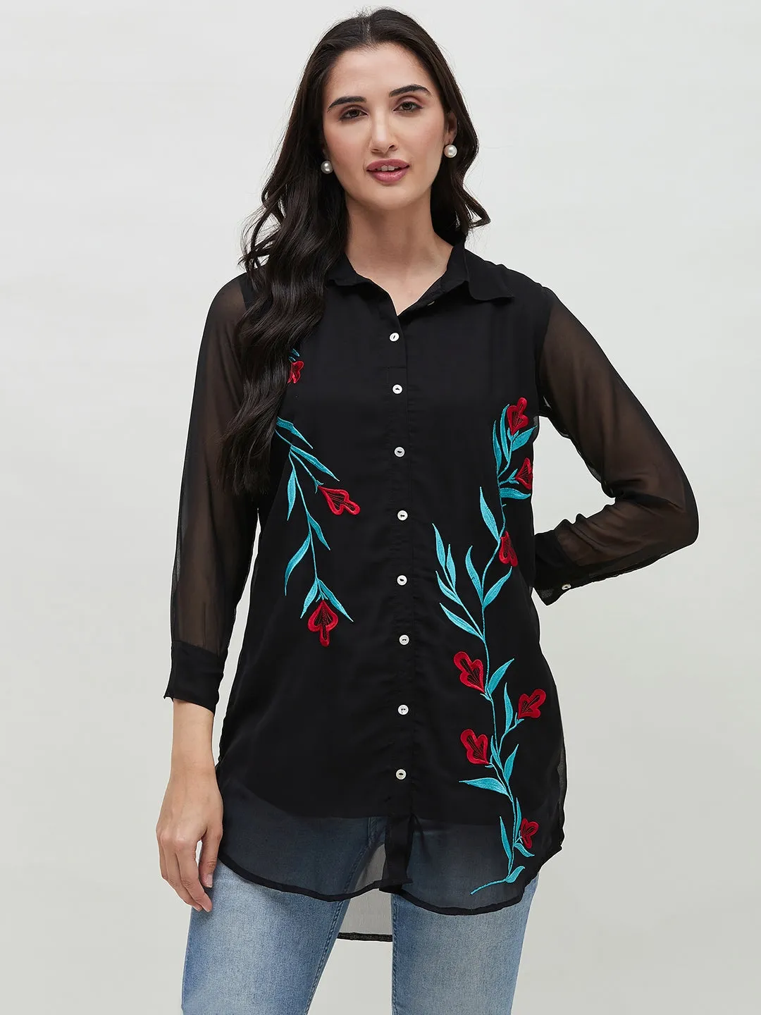 Long Black Embroidered Shirt