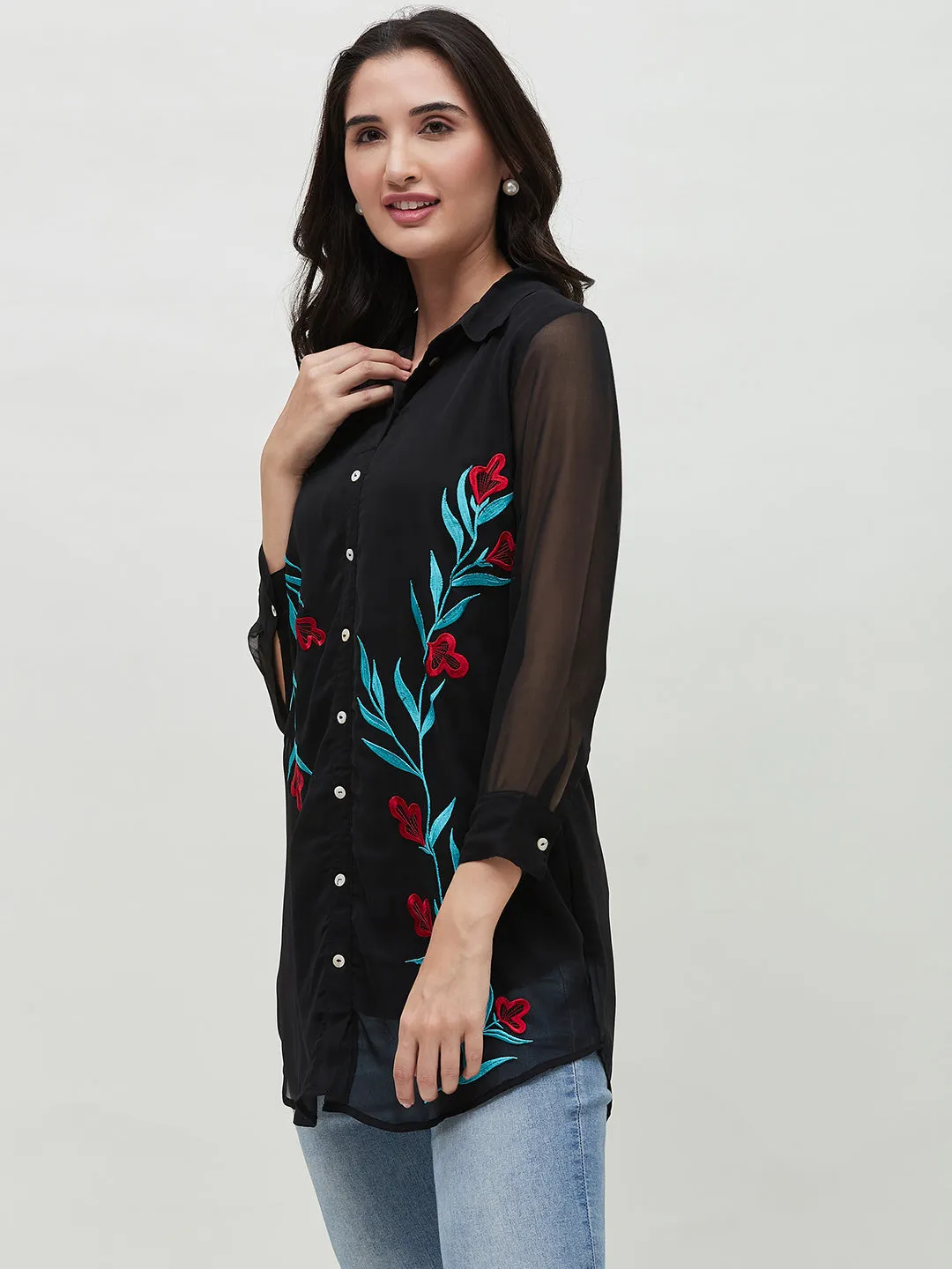 Long Black Embroidered Shirt