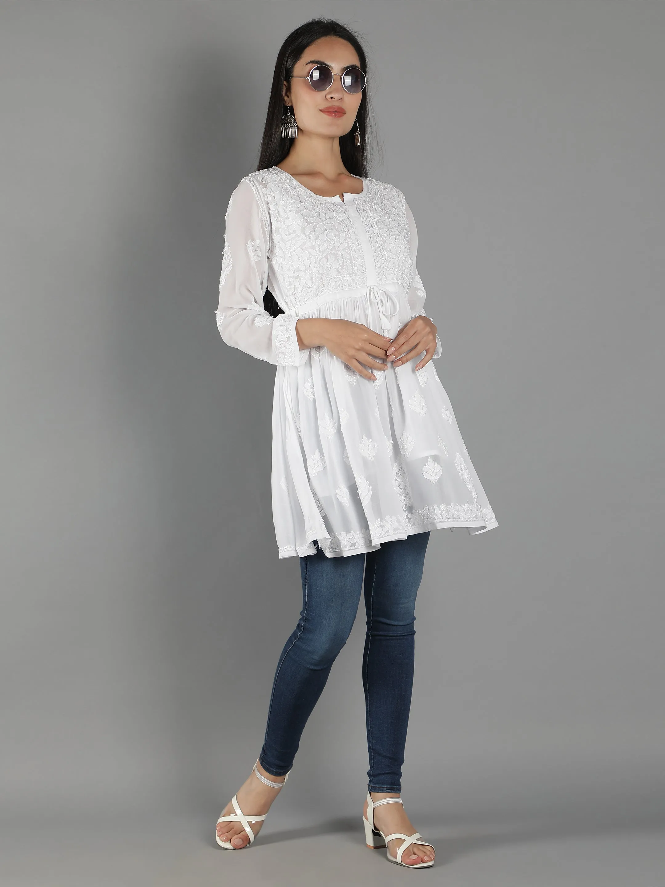 Lucknowi Chikankari White Flared Top Tunic