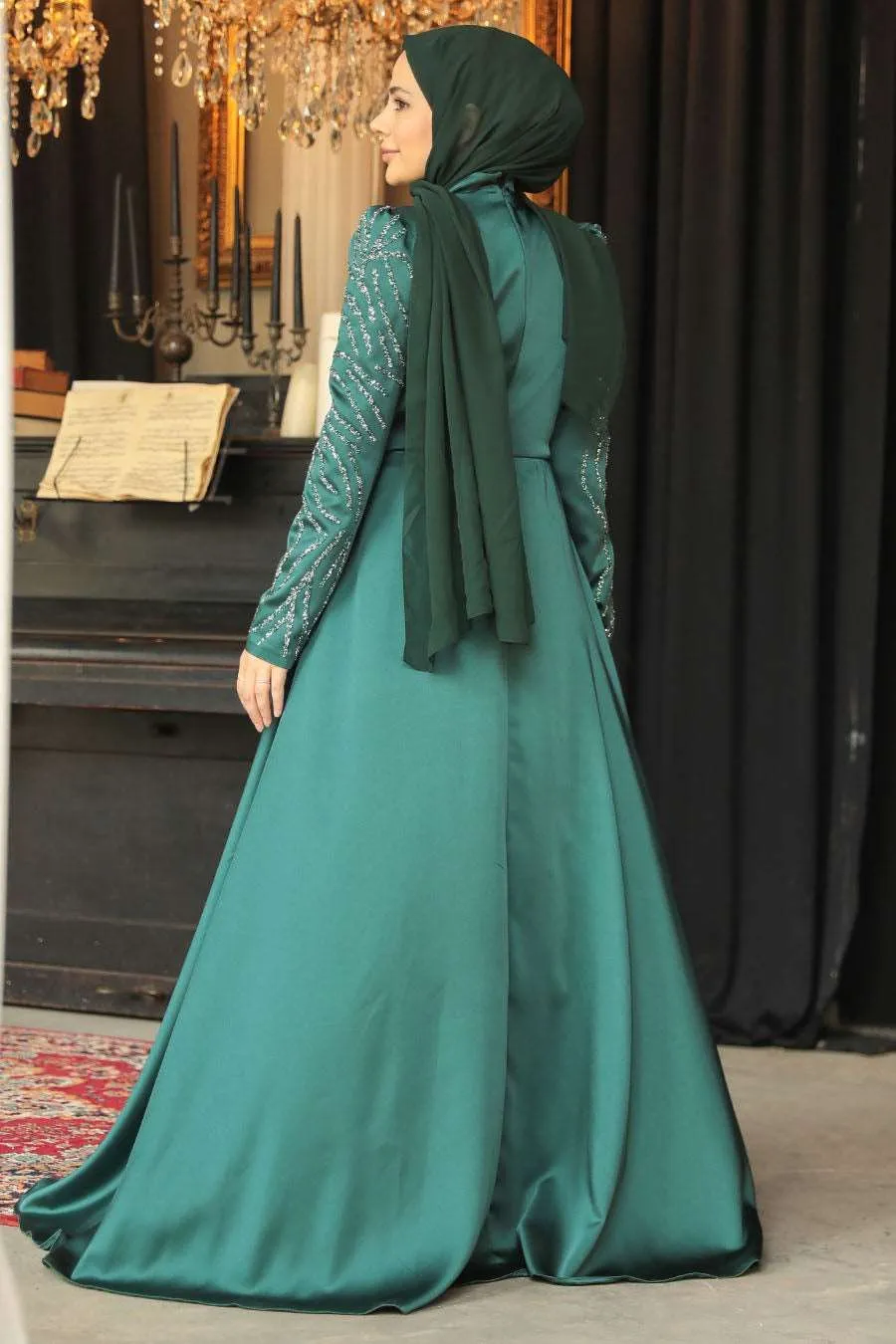 Lulu Long Maxi Evening Dress Abaya - Emerald