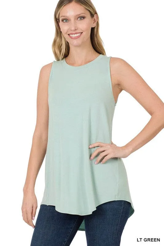 LUXE RAYON SLEEVELESS ROUND NECK HI-LOW HEM TOP