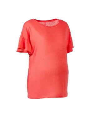 Maternity Ruffle Sleeve Linen Tee in Shiny Coral