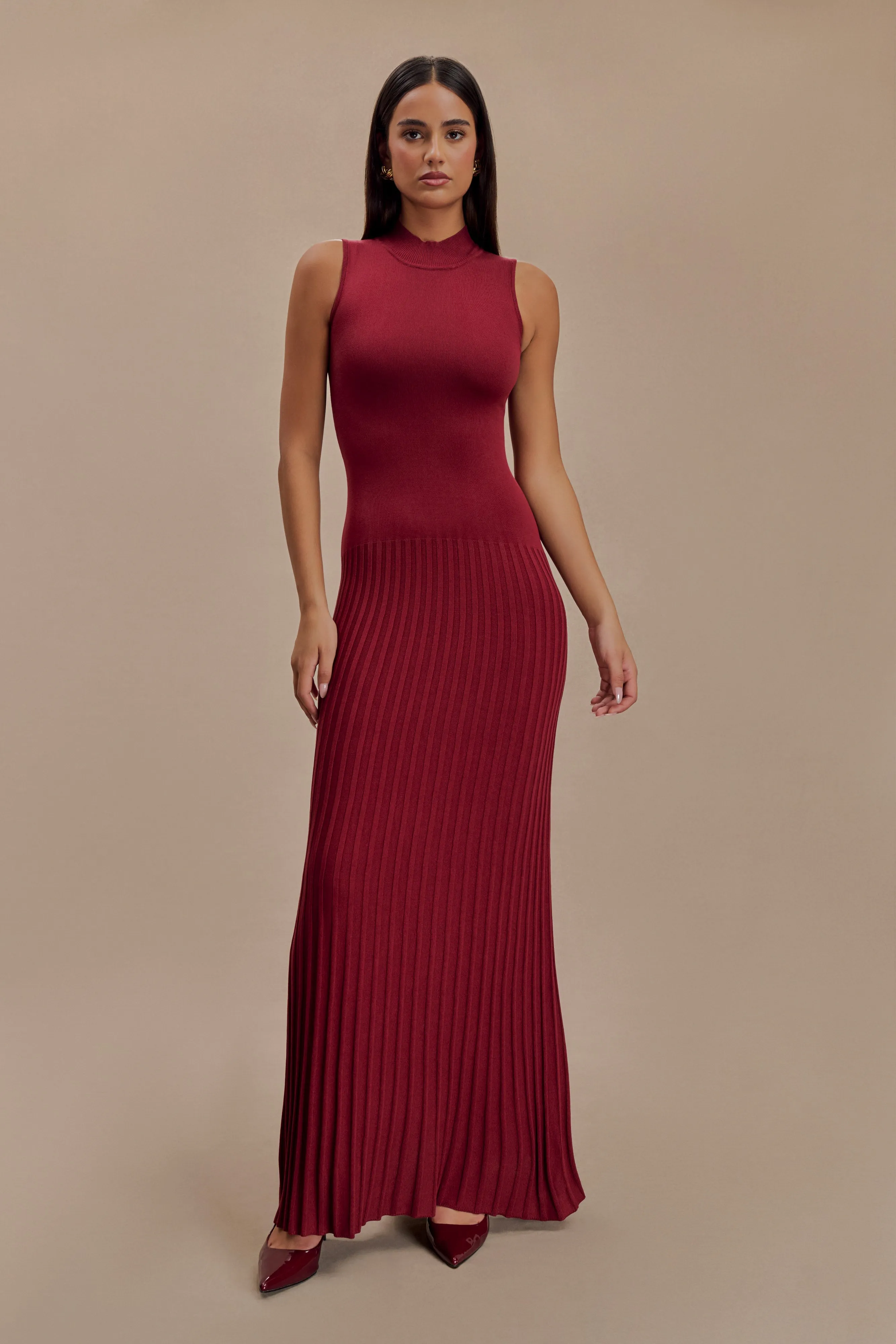 Mavis High Neck Pleated Maxi Dress - Mahogany