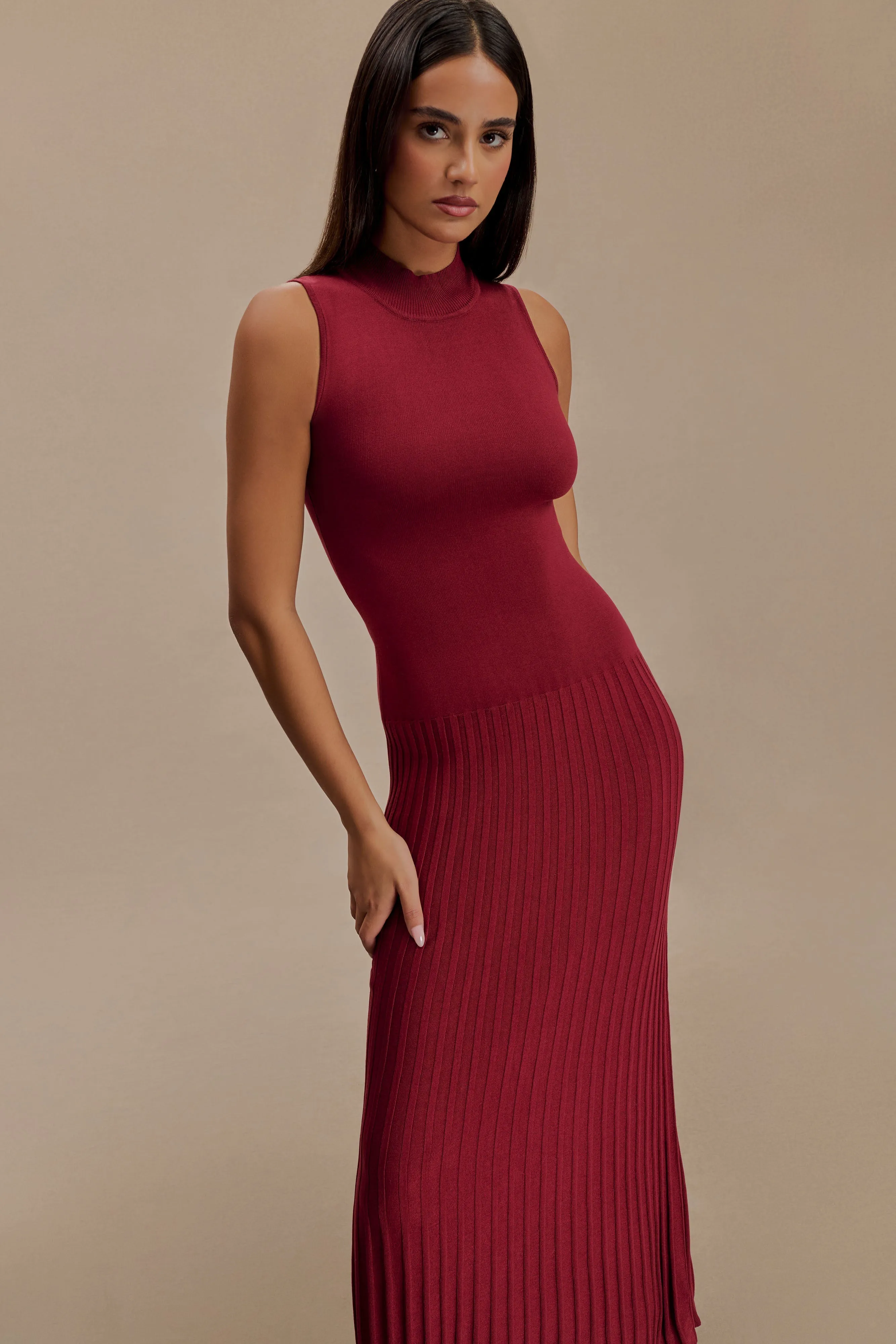 Mavis High Neck Pleated Maxi Dress - Mahogany