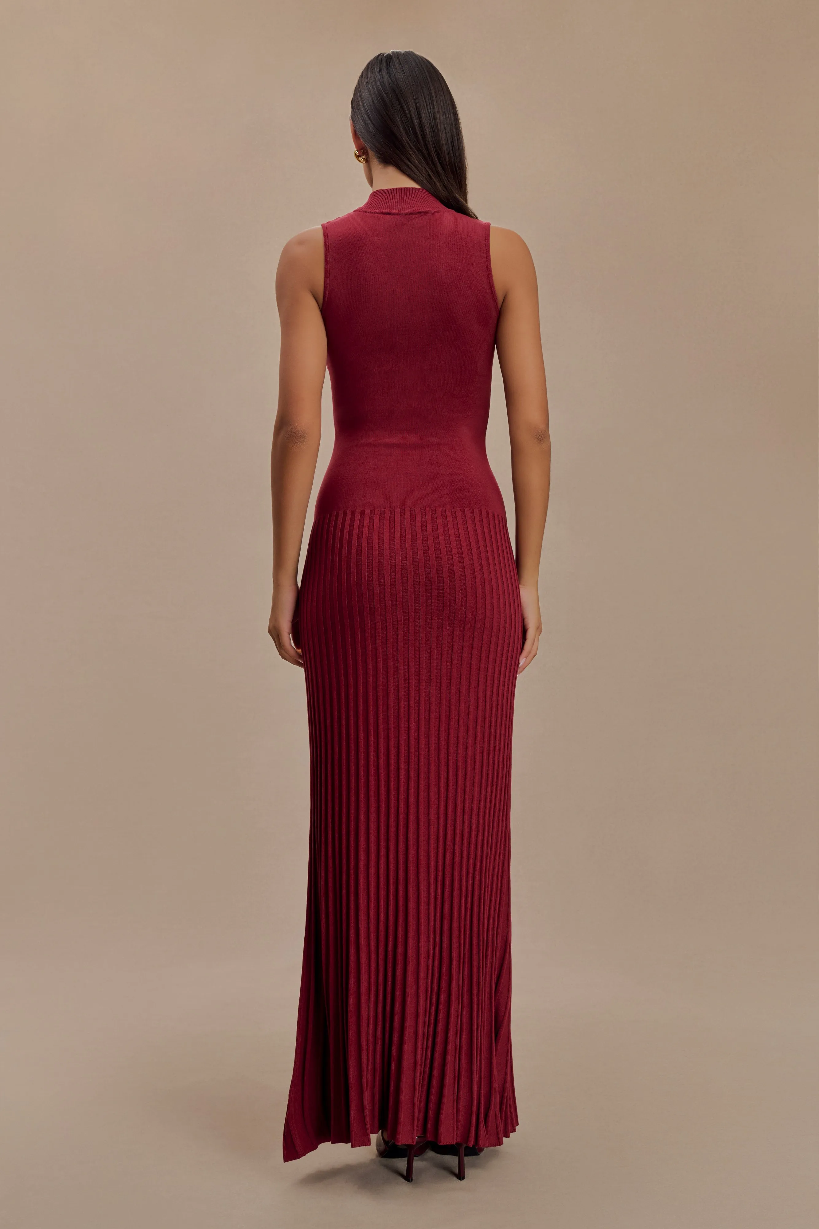 Mavis High Neck Pleated Maxi Dress - Mahogany