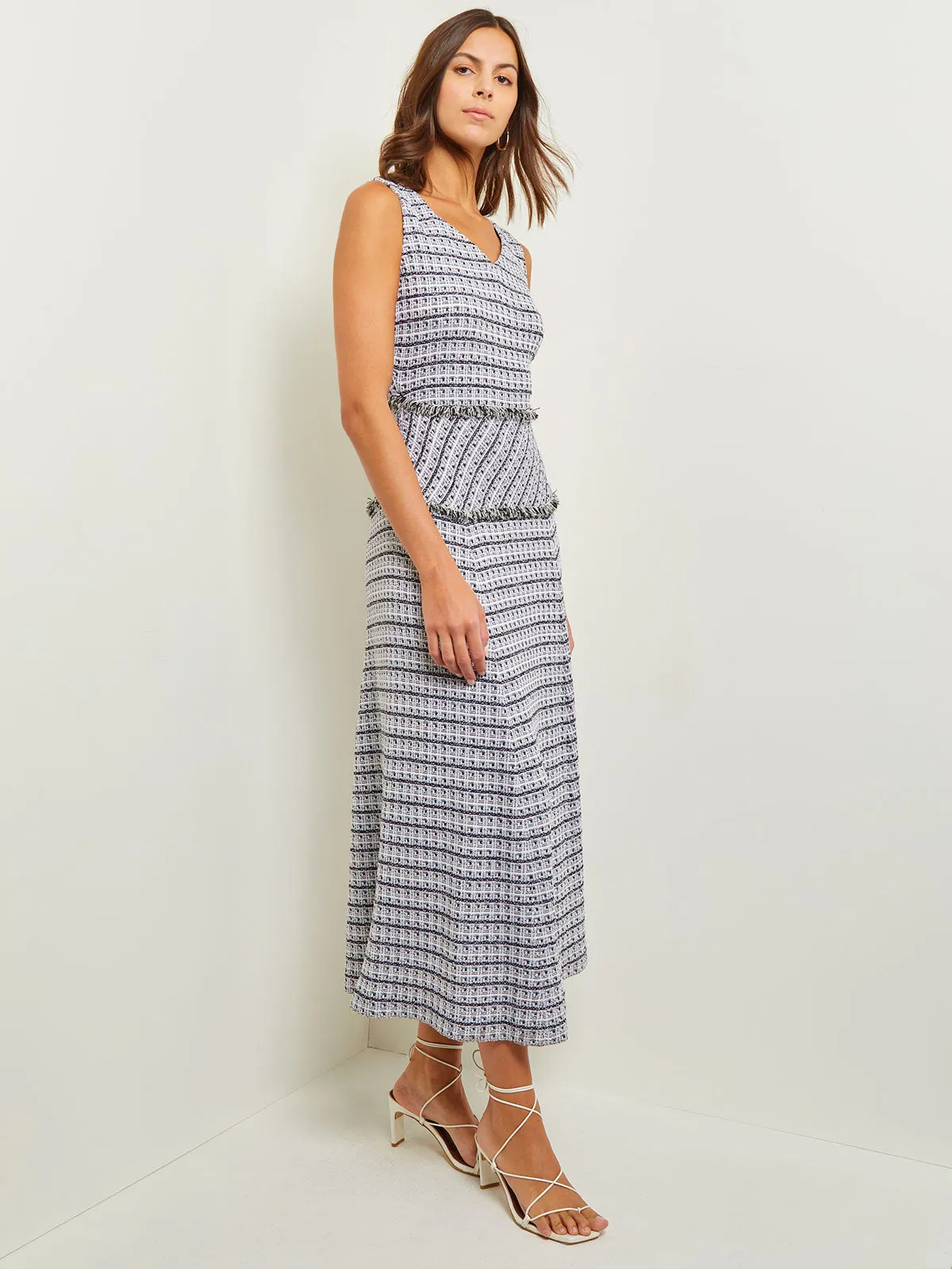 Maxi Drop Waist Dress - Fringe Trim Soft Tweed Knit