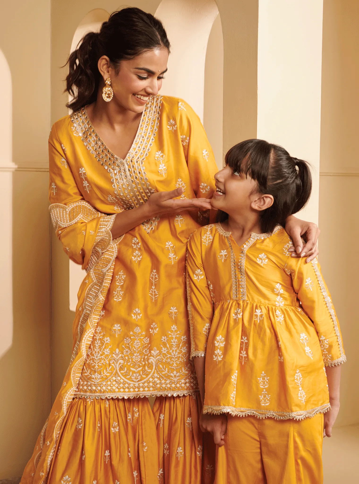 Mulmul Pima Satin Jhelum Yellow Kurta With Jhelum Yellow Sharara