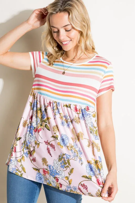 MULTI STRIPE FLORAL PRINT MIXED TOP