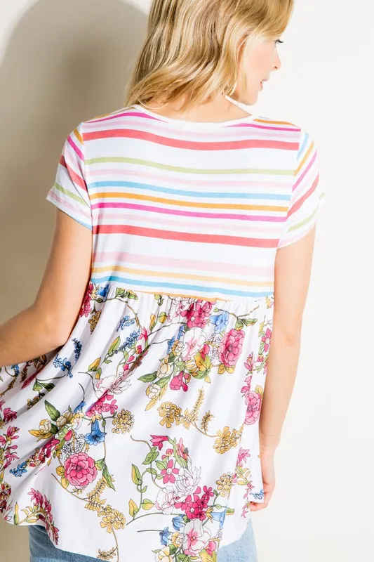 MULTI STRIPE FLORAL PRINT MIXED TOP