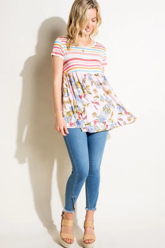 MULTI STRIPE FLORAL PRINT MIXED TOP