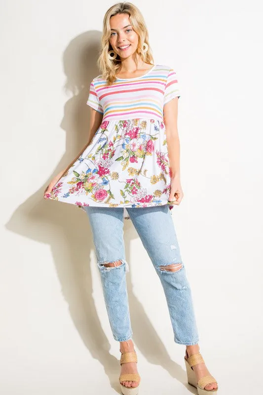 MULTI STRIPE FLORAL PRINT MIXED TOP