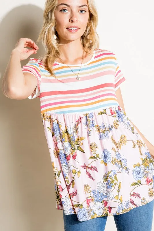 MULTI STRIPE FLORAL PRINT MIXED TOP